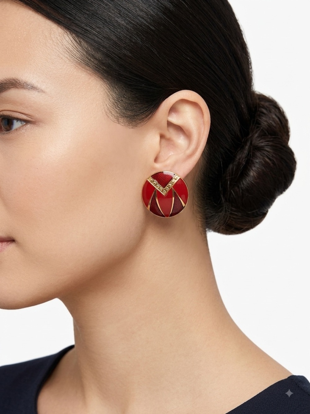 LAN Red Gold-Tone Enamel Clip Earrings - Designer Style